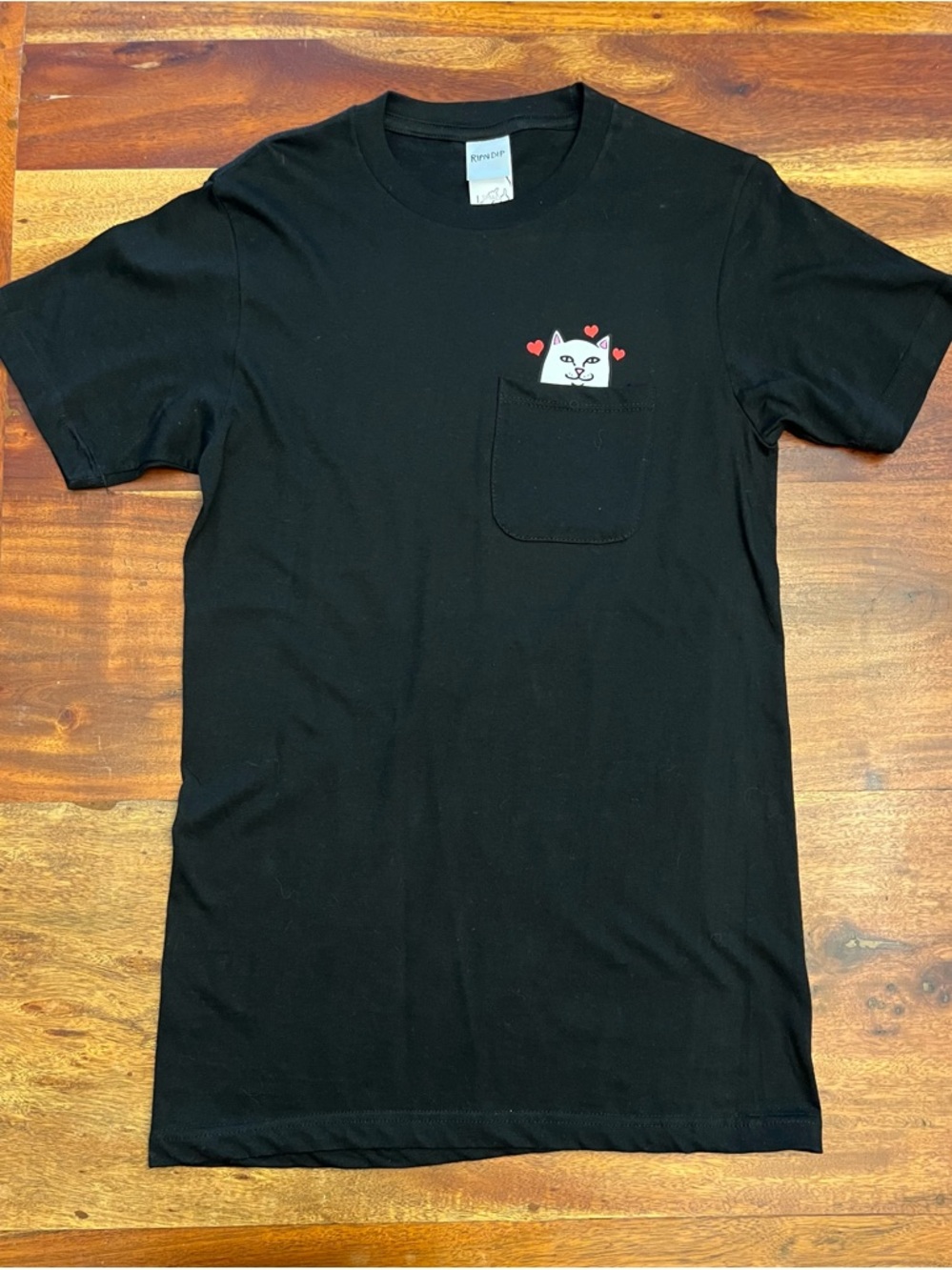 Ripndip Black Pocket Tee with Cat and Red Hearts